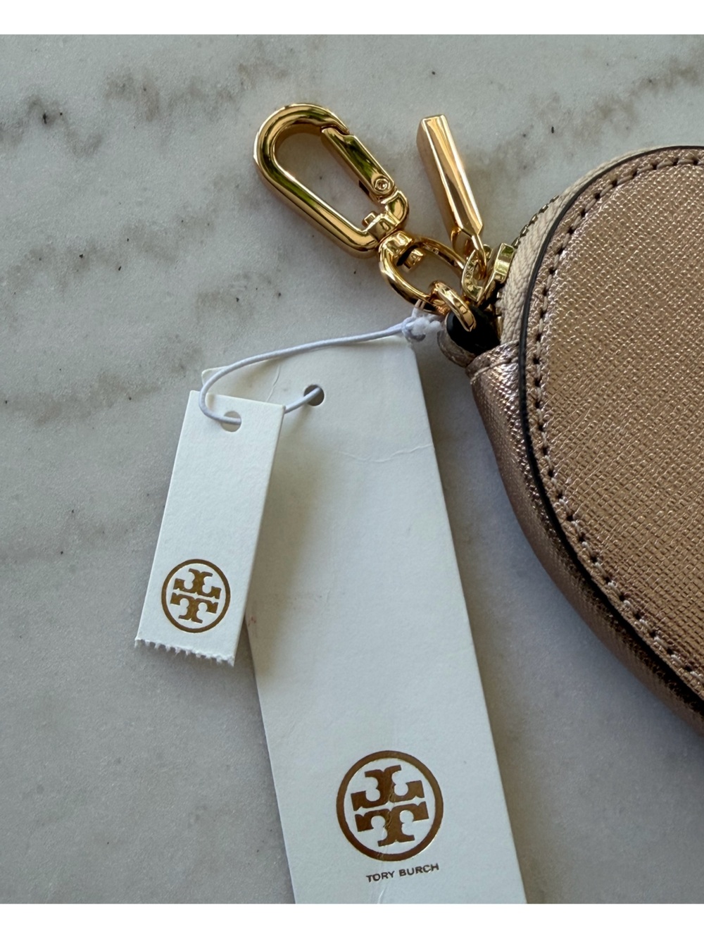 Tory Burch Metallic Rose Gold Heart Leather Coin Purse Keychain Charm NWT - Picture 5 of 11
